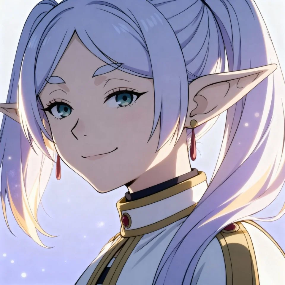 Frieren close-up portrait with soft pastel lighting and gentle expression