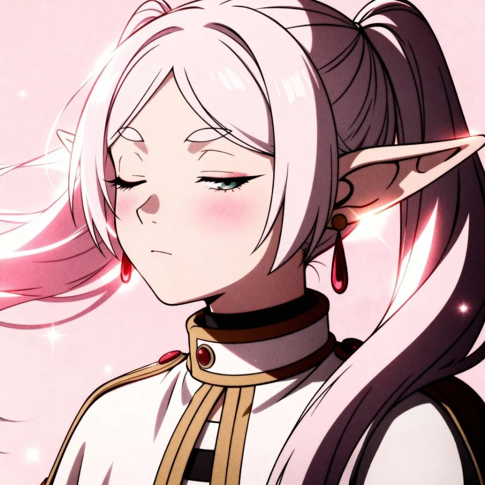 Frieren close-up with hair flowing in the wind, soft pink tones