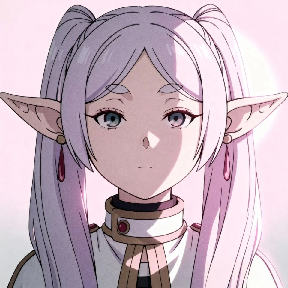 Frieren minimalist anime face close-up with light pink tones