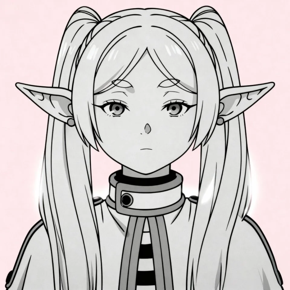 Frieren minimal line art avatar on soft pink background