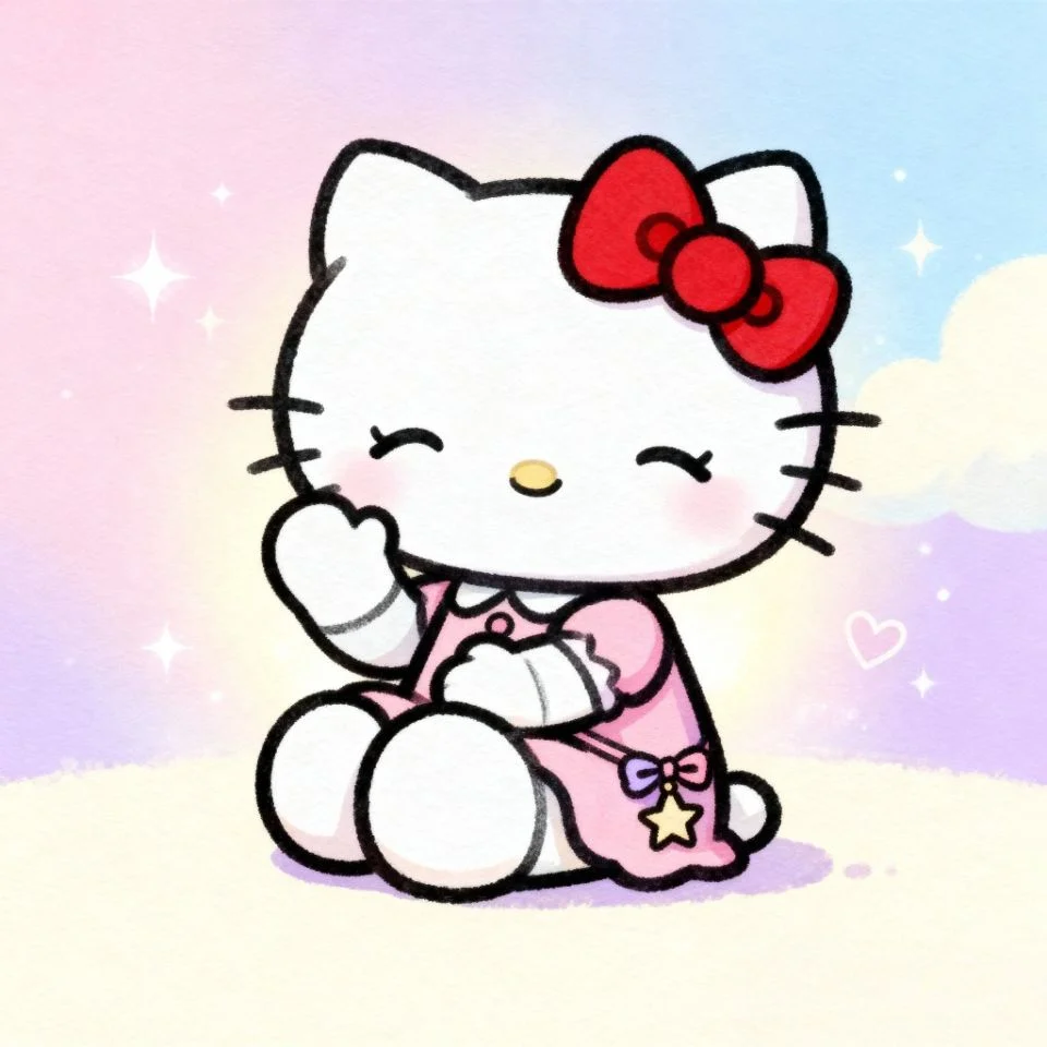 hello-kitty-aesthetic-drawing Sanrio-style Hello Kitty drawing with soft pastel background