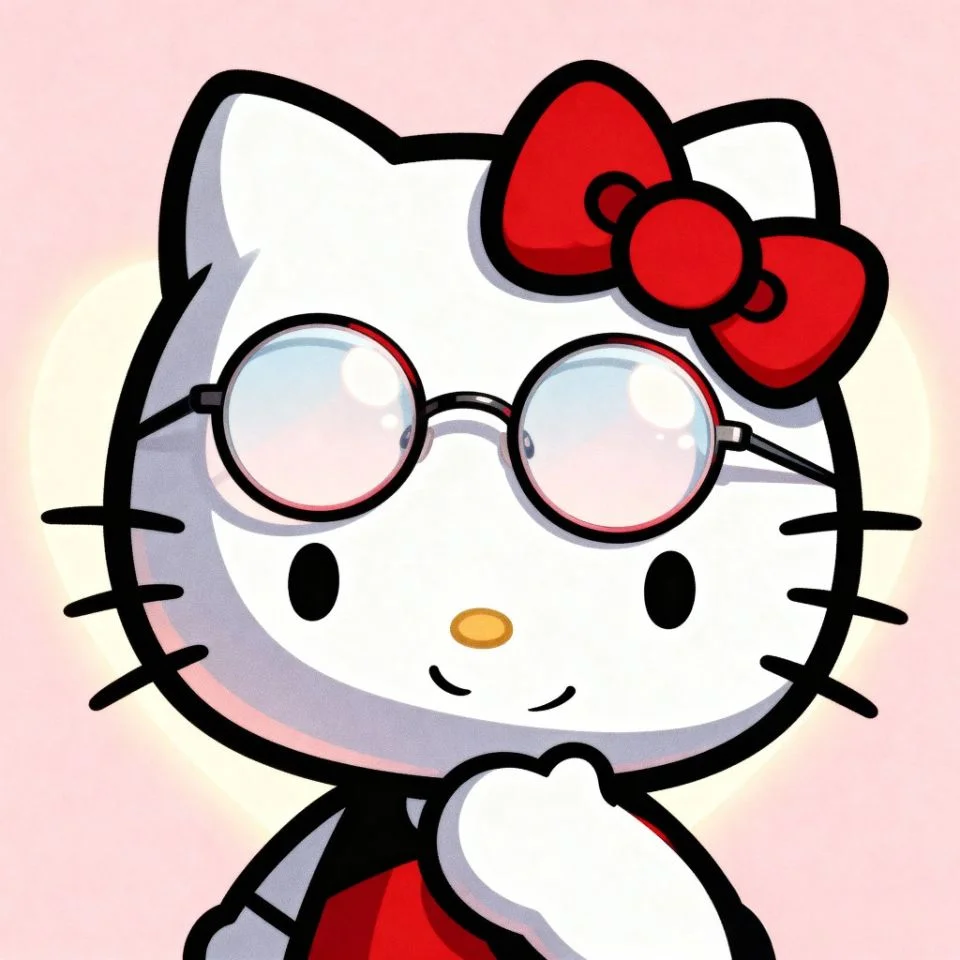 hello-kitty-aesthetic-glasses Hello Kitty wearing round glasses on pale pastel background