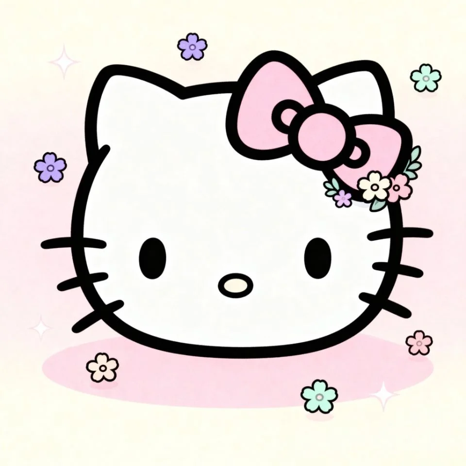 minimal Hello Kitty icon with pastel floral accents