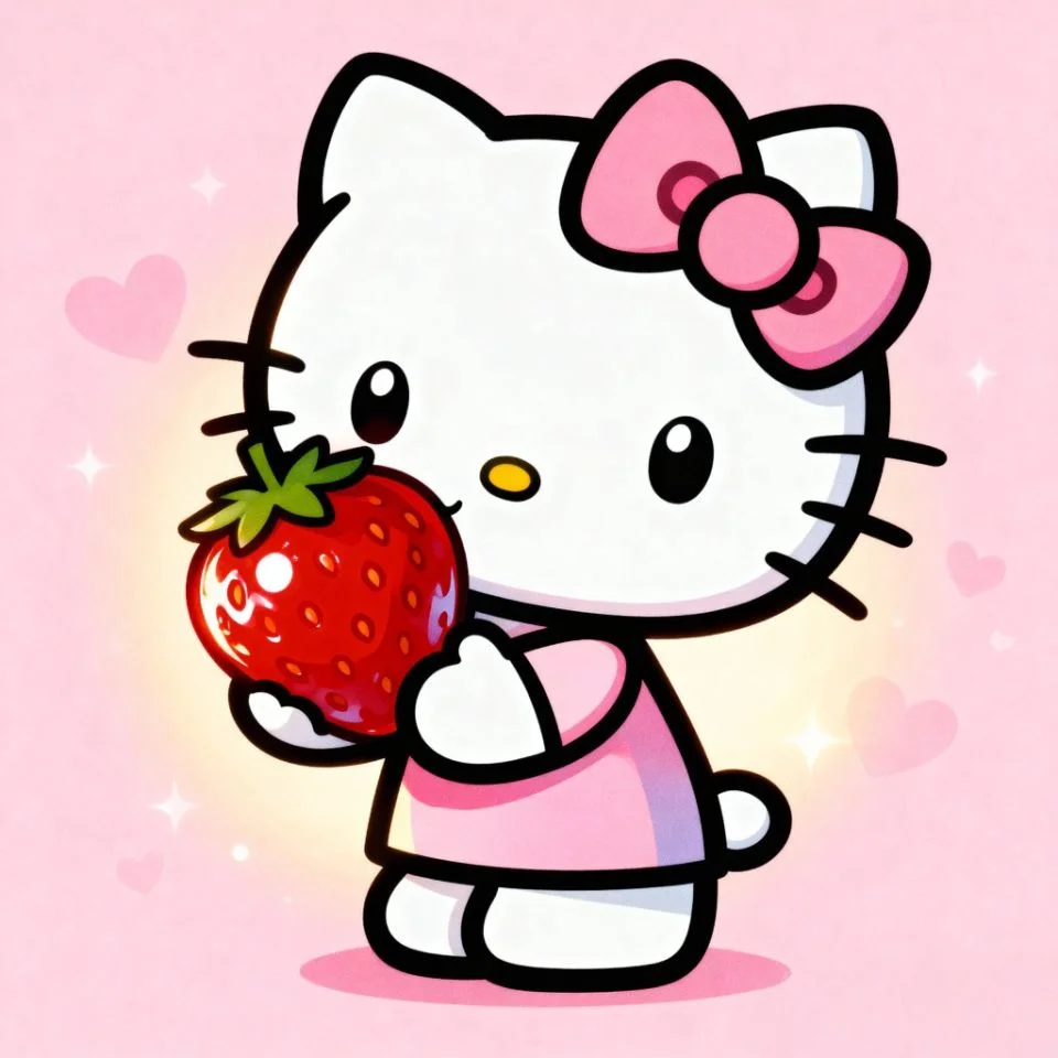 hello-kitty-aesthetic-strawberry Hello Kitty holding a strawberry on soft pink background
