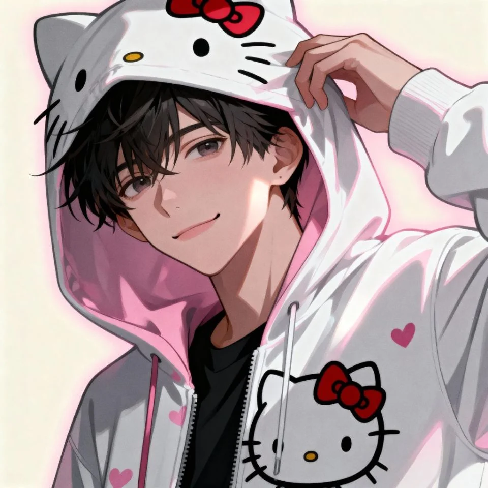 hello-kitty-anime-pfp-boy anime boy with Hello Kitty hoodie smiling softly