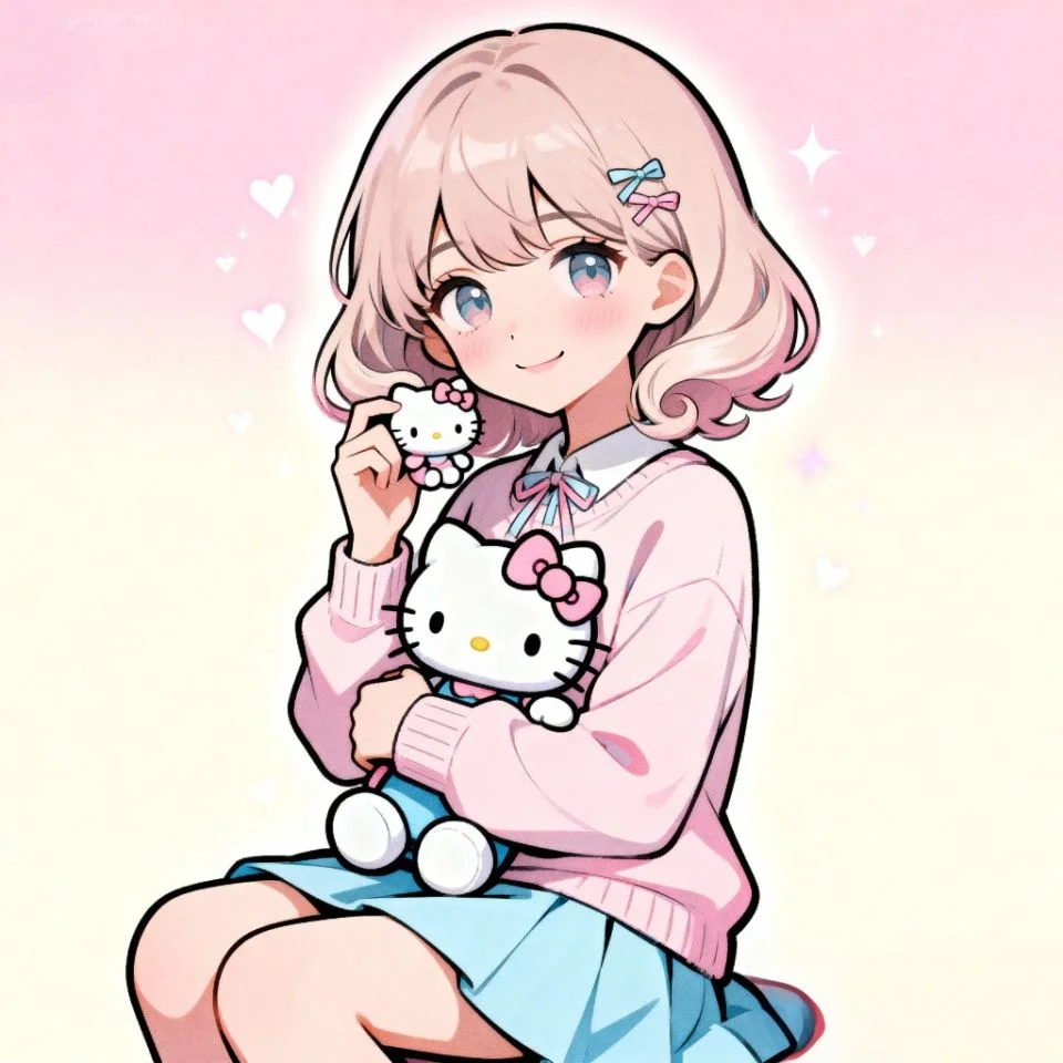 hello-kitty-anime-pfp-girl anime girl holding Hello Kitty plush in soft pastel background