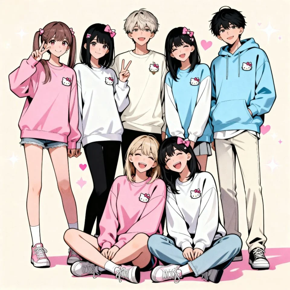 hello-kitty-anime-pfp-group anime friends with Hello Kitty accessories in pastel scene