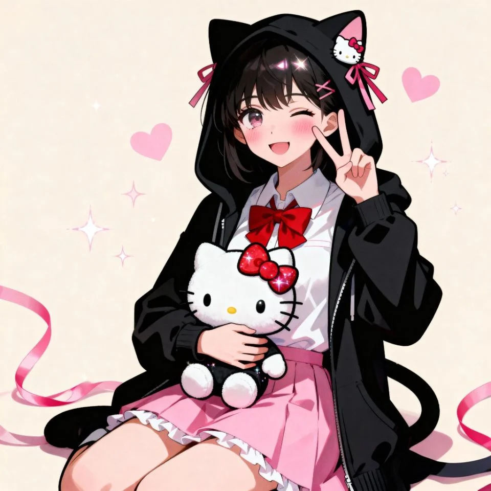 hello-kitty-cute-kawaii-anime-girl anime girl posing with Hello Kitty plush toy smiling