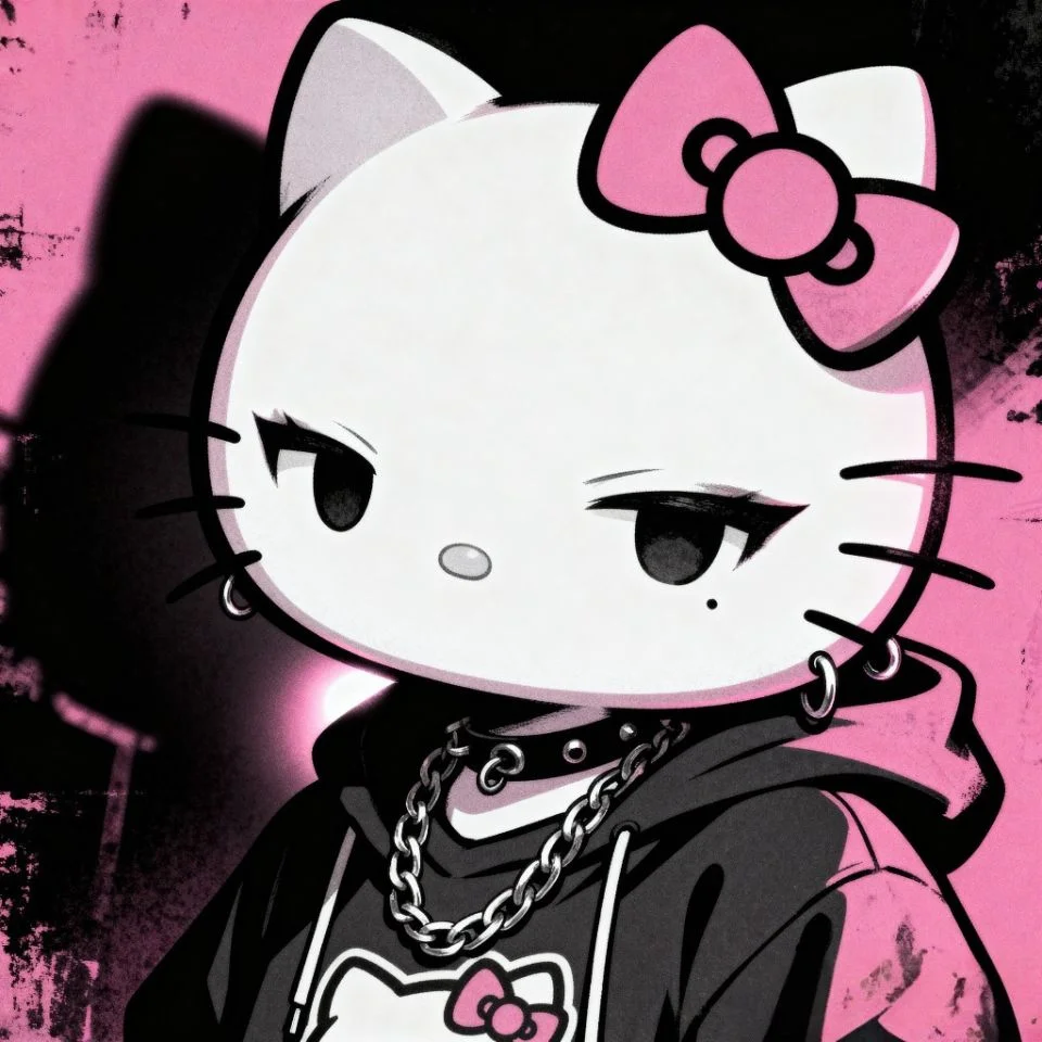 hello-kitty-grunge-alt-style Hello Kitty with chain necklace and dark pink grunge overlay