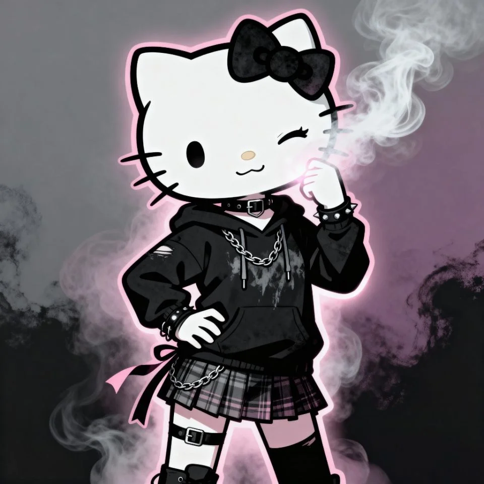 hello-kitty-grunge-anime anime-inspired Hello Kitty in black outfit with smoky background