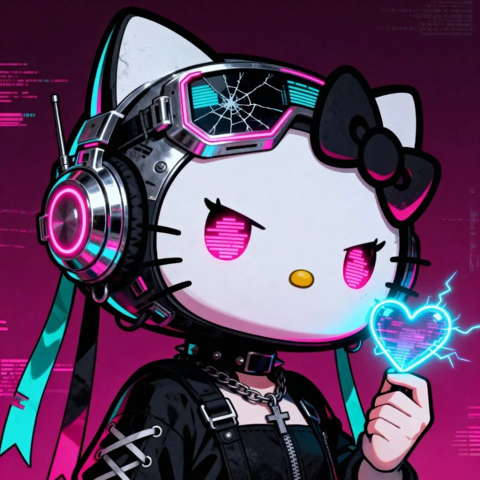 hello-kitty-grunge-cyber cyberpunk Hello Kitty with glitch and neon dark effects