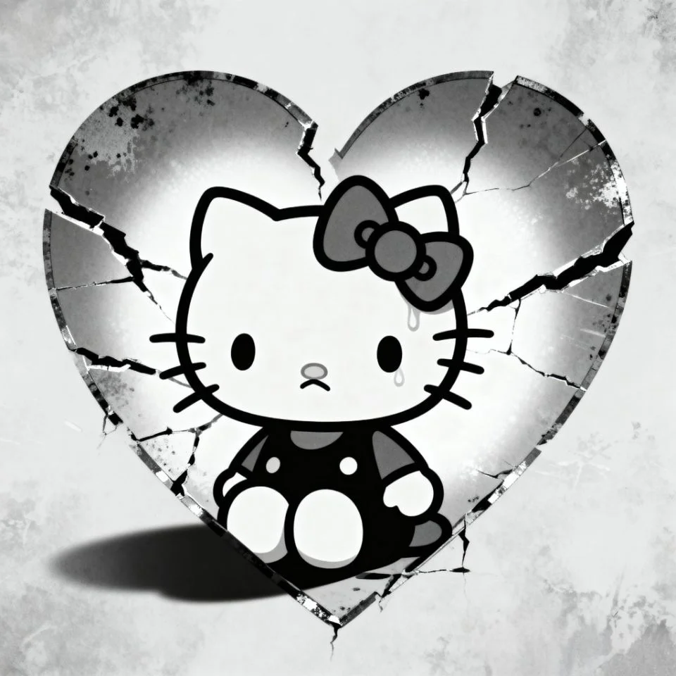 hello-kitty-grunge-heart Hello Kitty inside broken heart frame with grayscale filter