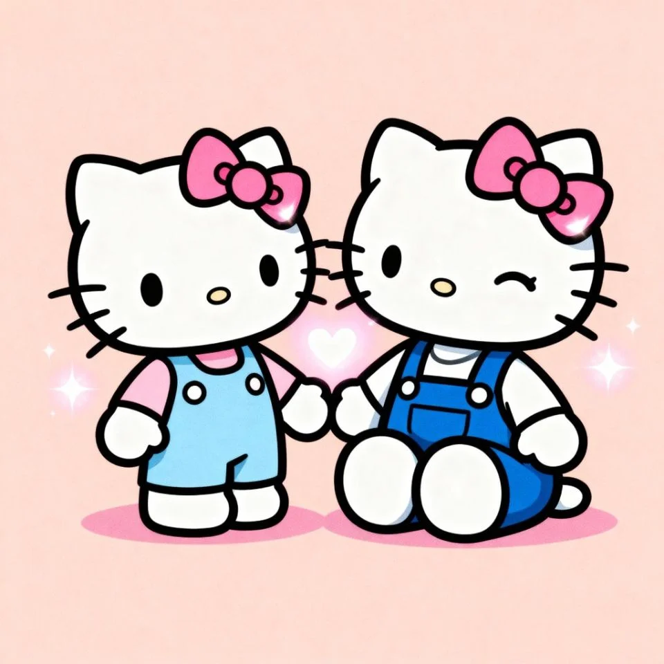 hello-kitty-matching-couple Hello Kitty and Dear Daniel smiling together in soft pink scene