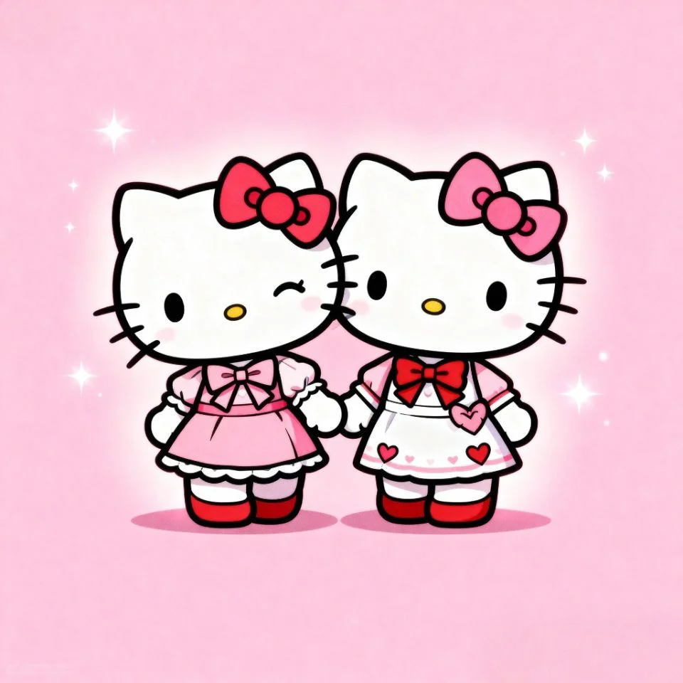 hello-kitty-matching-duo two Hello Kitty characters side by side with pink background