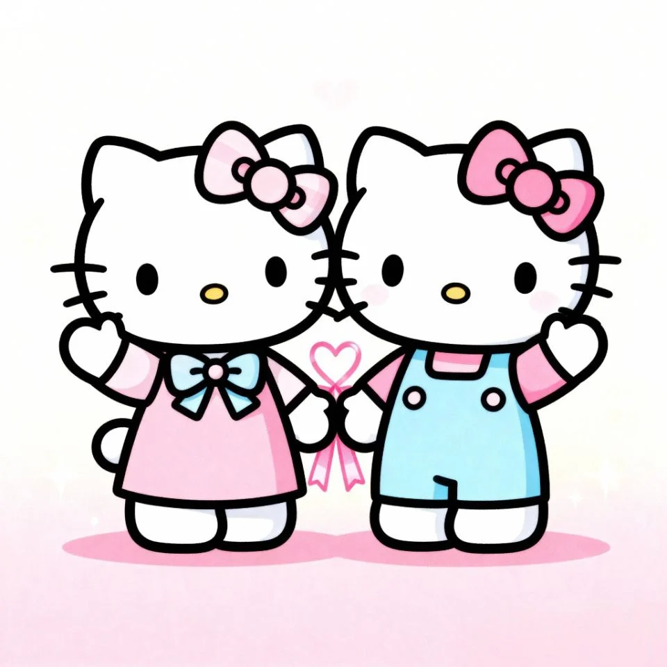 hello-kitty-matching-friends Hello Kitty and friend character waving on white pastel background