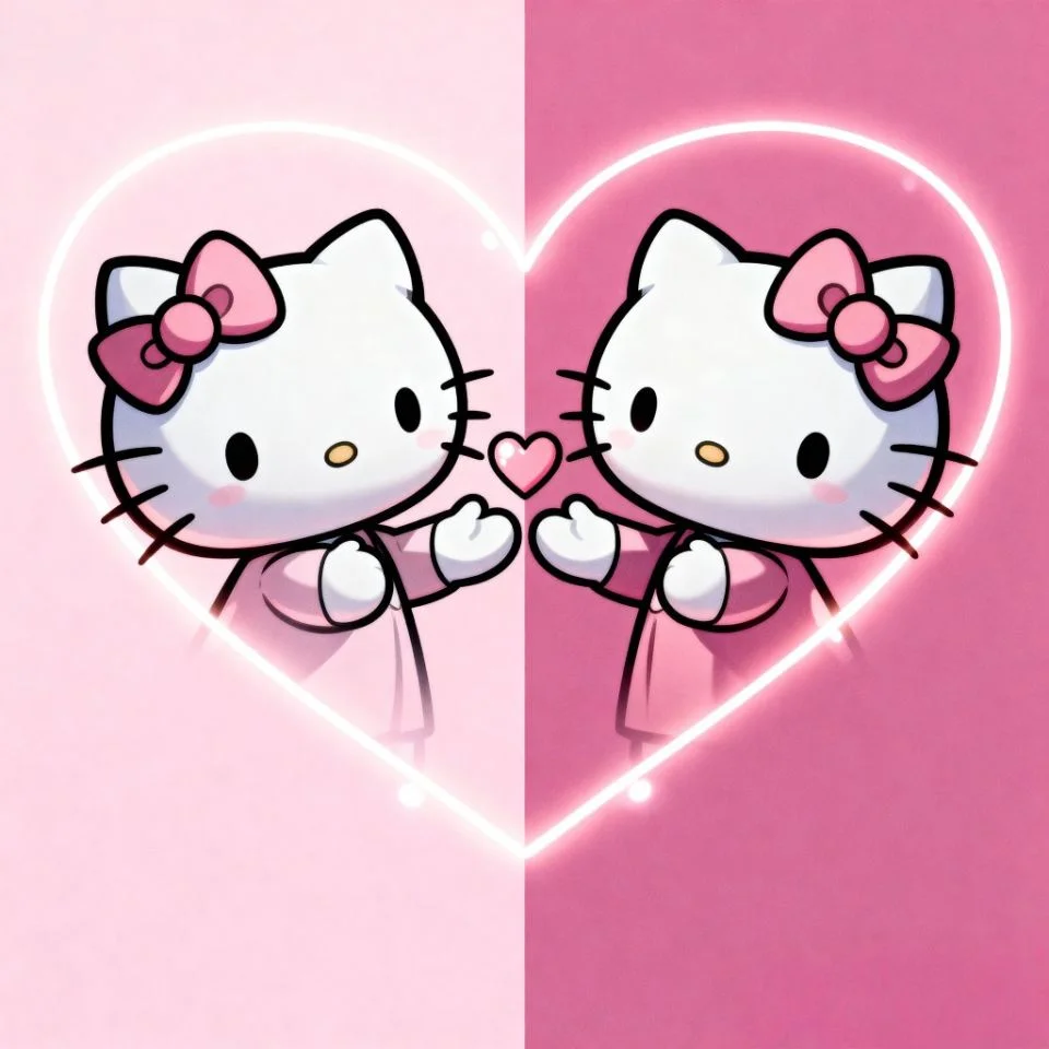 hello-kitty-matching-heart two Hello Kitty faces forming a heart in split pink background