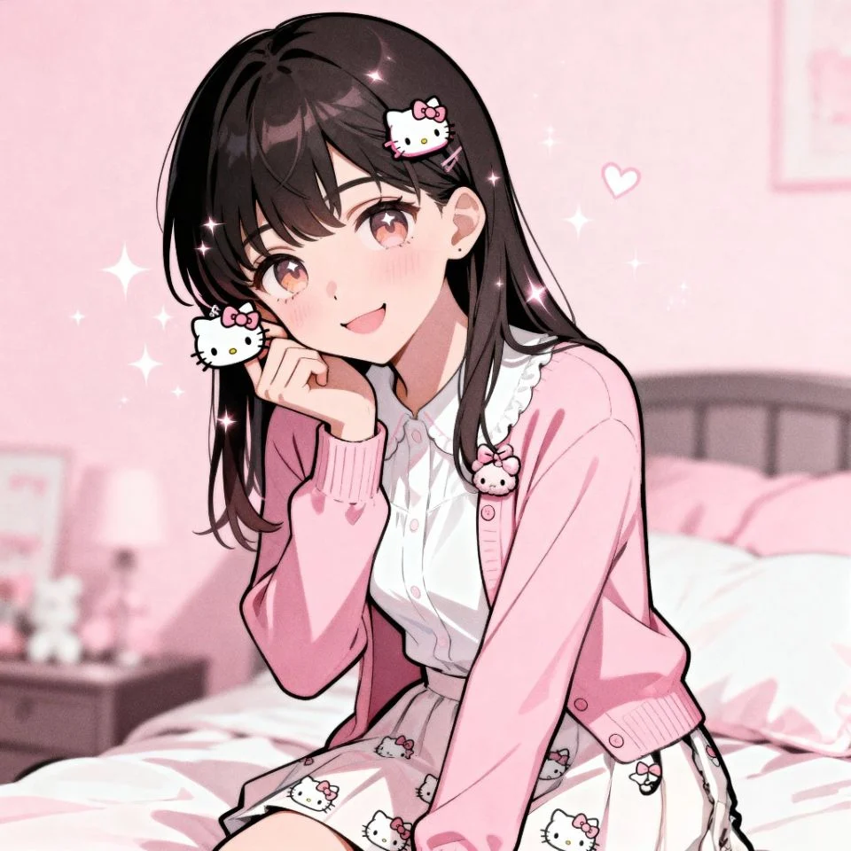 hello-kitty-pink-theme-anime-girl anime girl with Hello Kitty hair clips and pink room