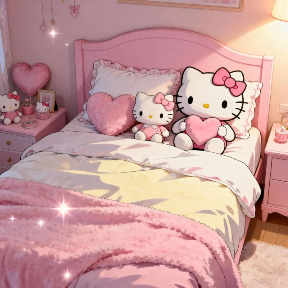 hello-kitty-pink-theme-cute-room Hello Kitty plushes on pink bed with cozy lighting