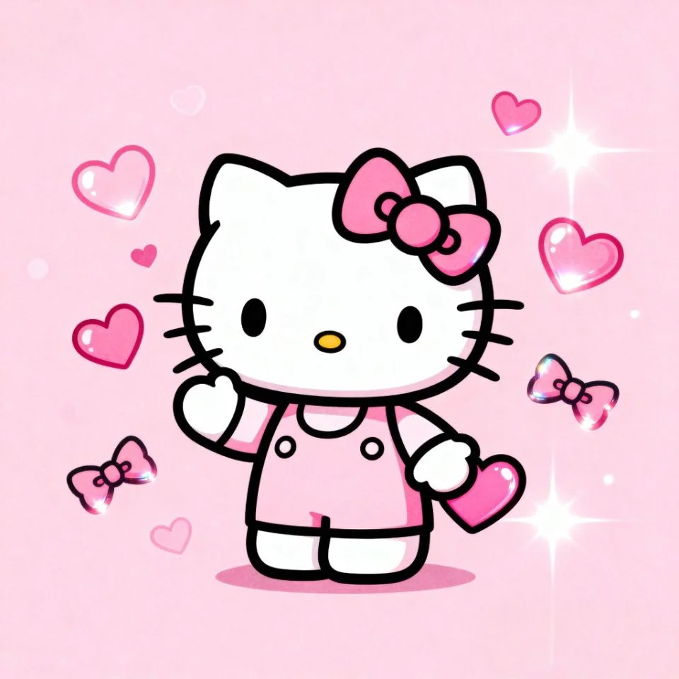 hello-kitty-pink-theme-cute Hello Kitty surrounded by pink hearts and bows