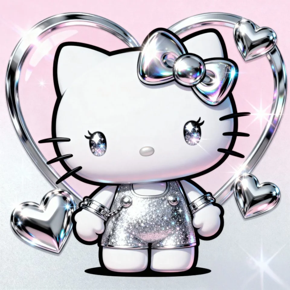 hello-kitty-y2k-chrome-heart Hello Kitty with chrome heart background and Y2K shine