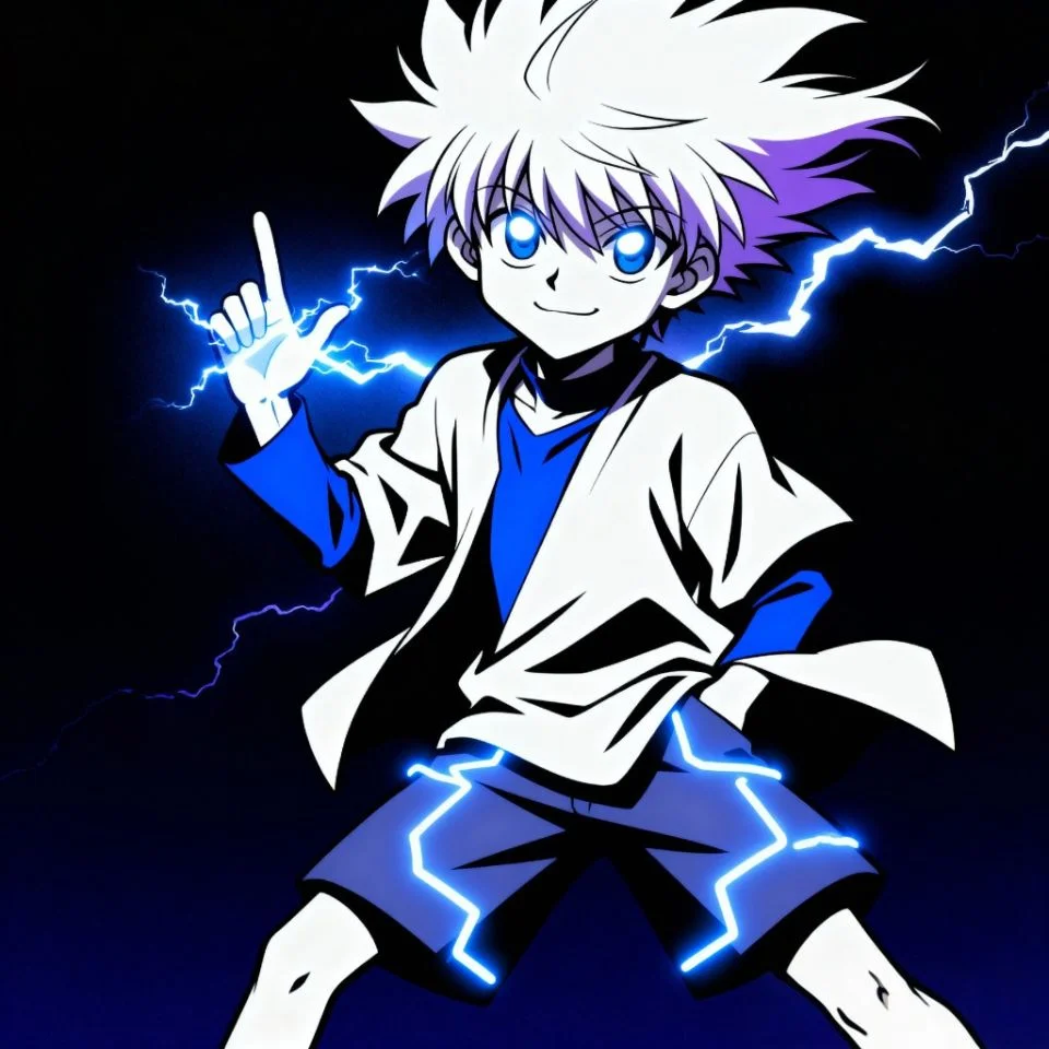 killua-lightning-pfp-smirk Killua lightning PFP with confident smirk and sparks.