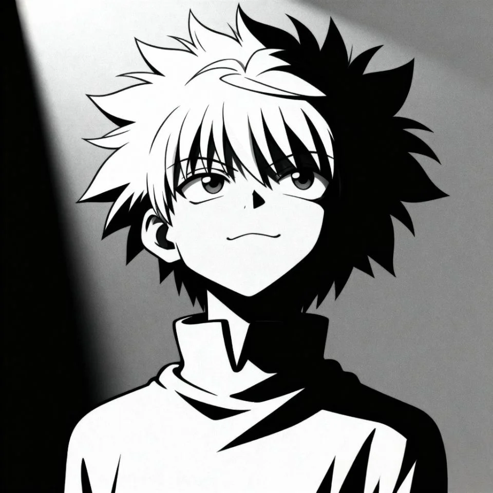 killua-manga-pfp-closeup Killua manga close-up PFP in black and white.