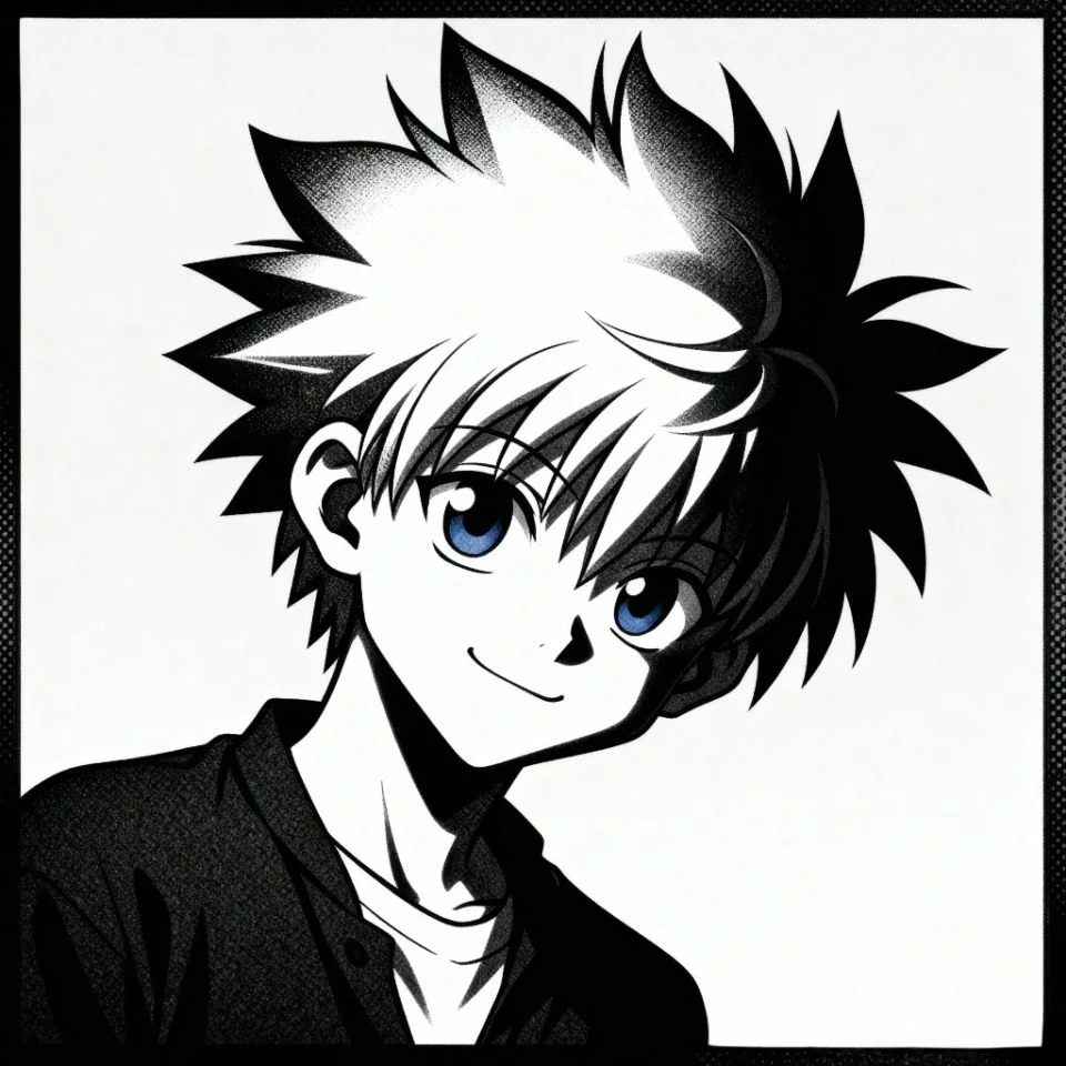 killua-manga-pfp-smile Killua smiling manga PFP black and white.