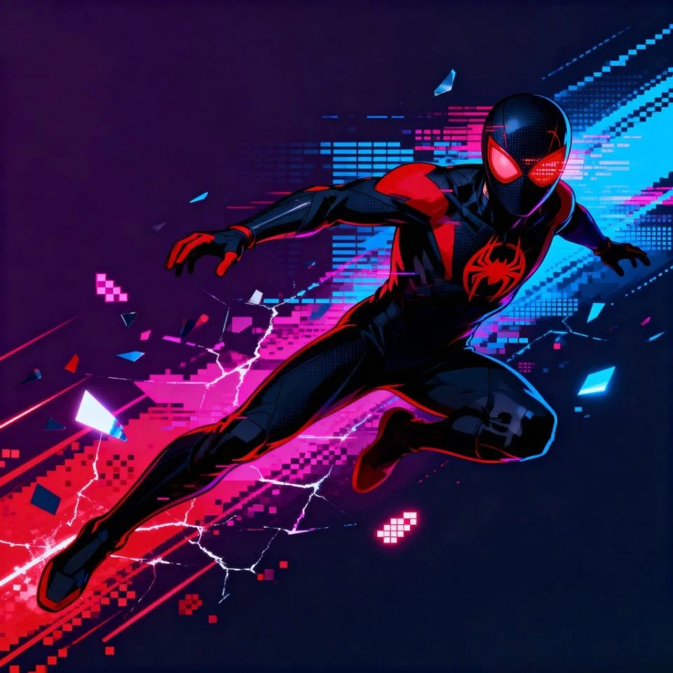 Anime-style masked hero with red and blue glitch effects in motion.