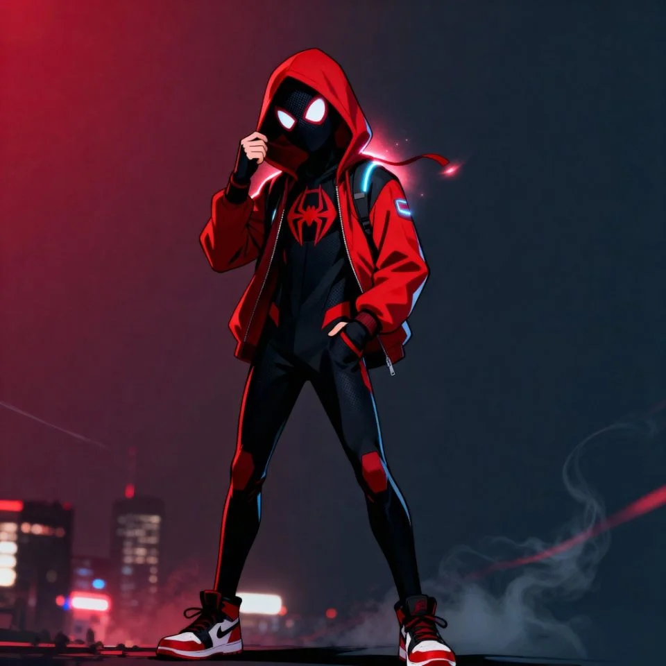Miles Morales PFP wearing hood with red-black suit.