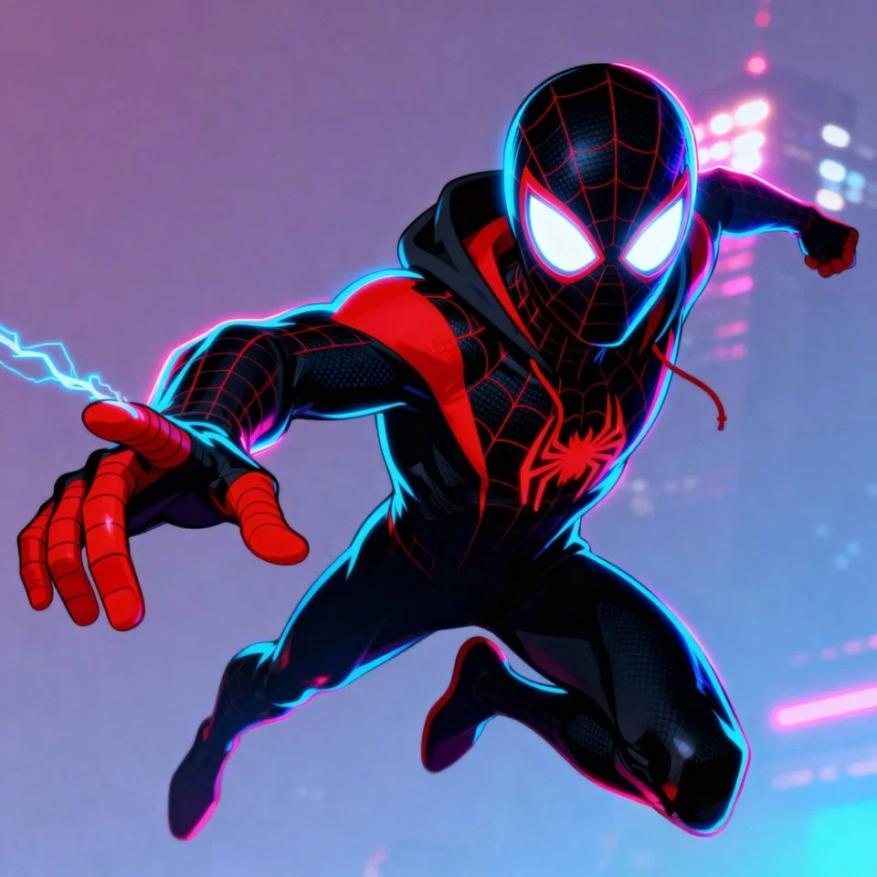 Miles Morales Spider-Man PFP with neon red-blue city glow.
