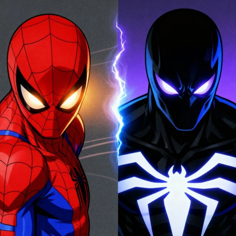 Matching PFP of Spider-Man and Venom split faces.