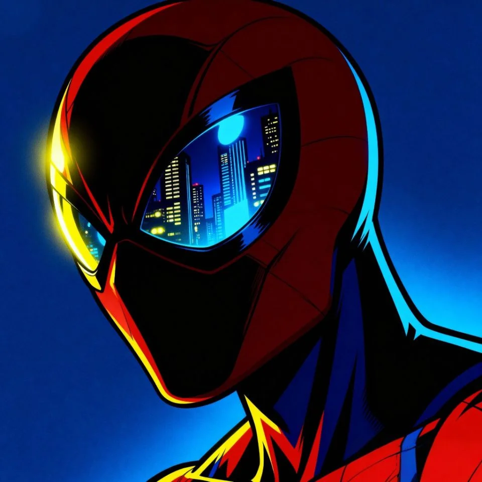 Spider-Man 4K PFP mask reflection showing city skyline.