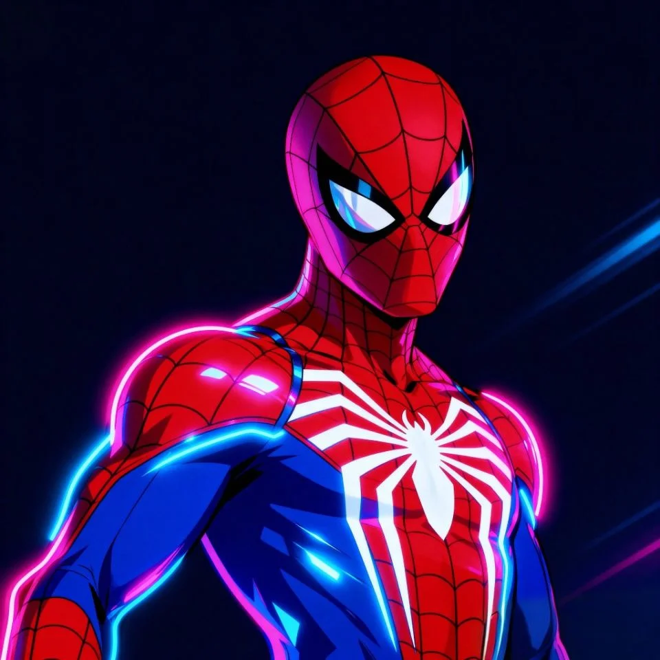 Anime-inspired Spider-Man Y2K PFP with neon reflections.