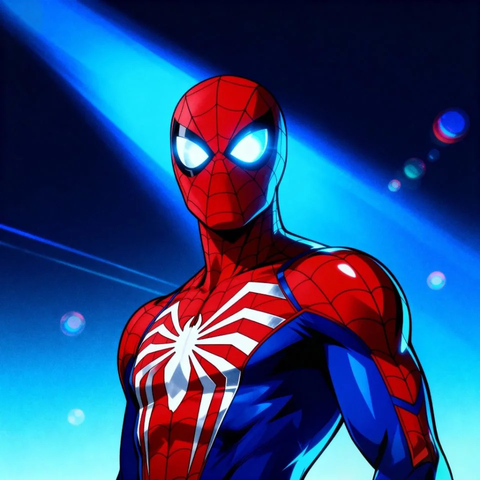 Spider-Man Y2K PFP with blue lens flare and 2000s filter.