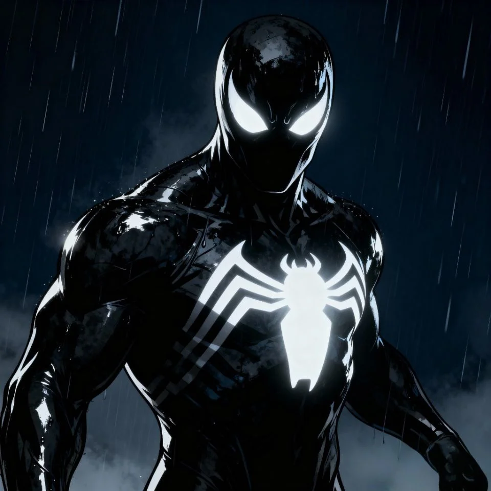 Symbiote Spider-Man PFP with dark background and white spider emblem.