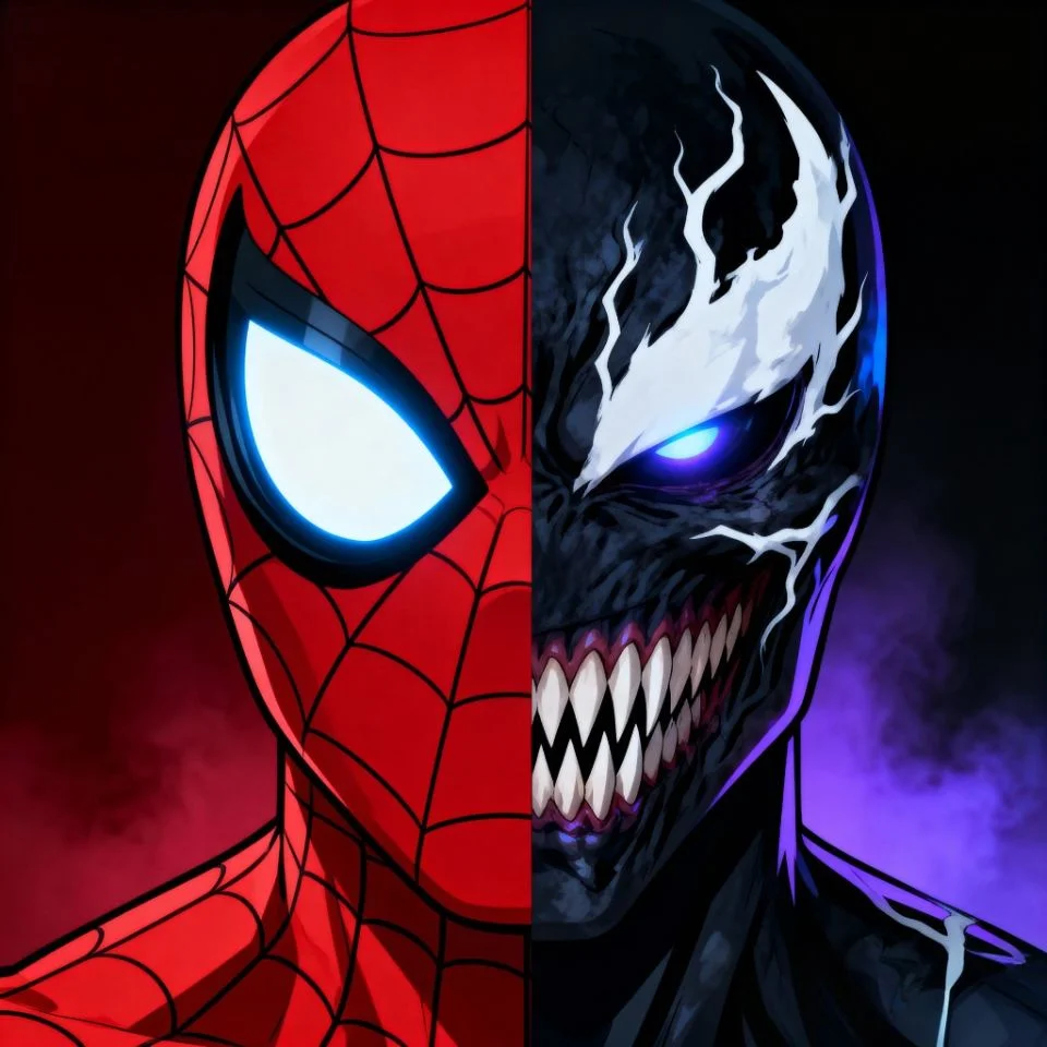 Split-face PFP of Spider-Man and Venom half mask.