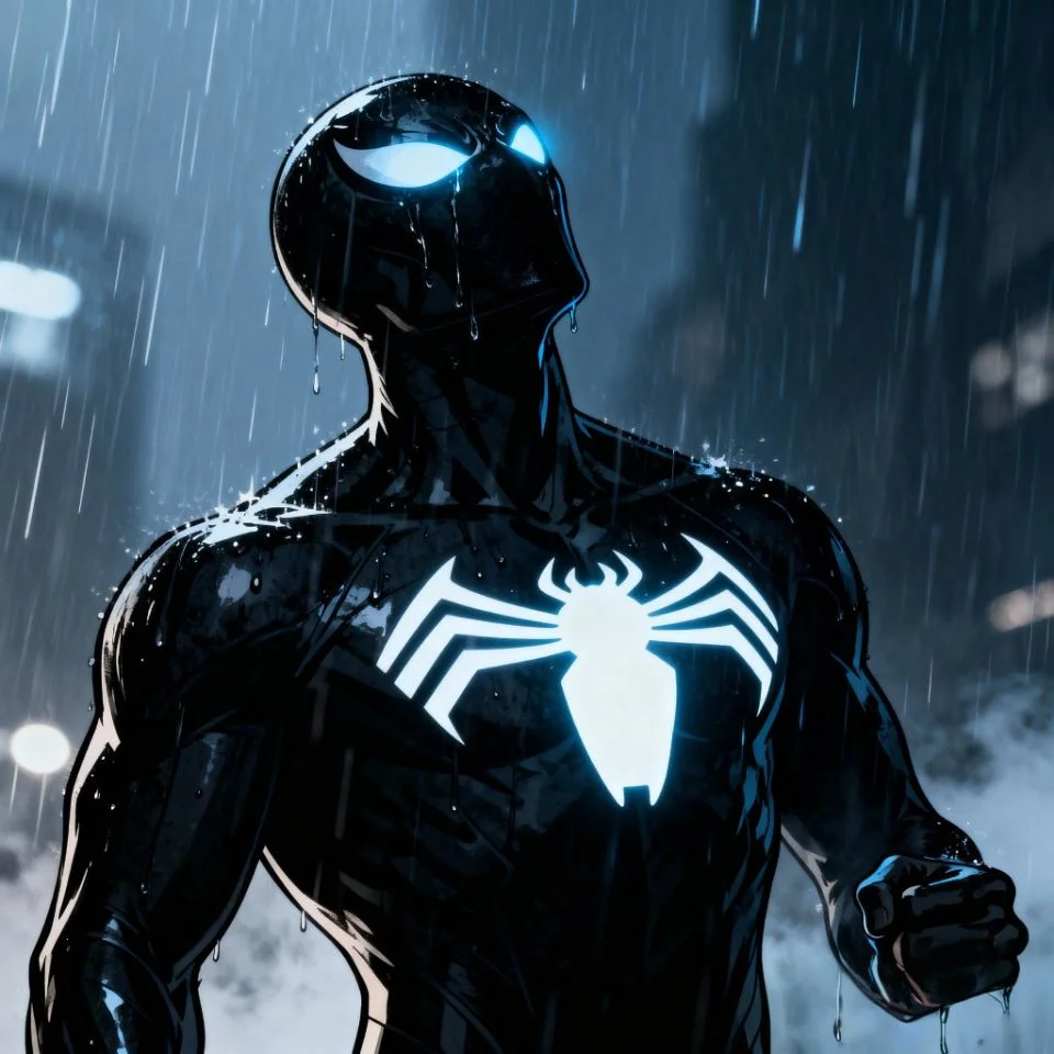 Symbiote Spider-Man PFP in rain with cinematic lighting.
