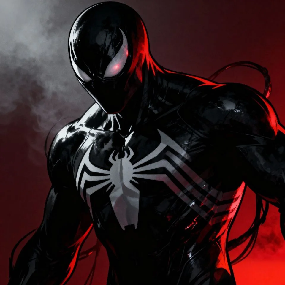 Black-suit Spider-Man PFP with red glow and shadow contrast.