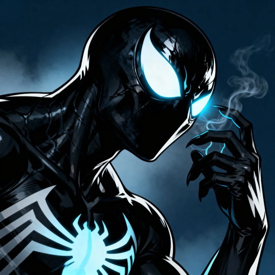 Spider-Man symbiote PFP with glowing Venom eyes and black texture.